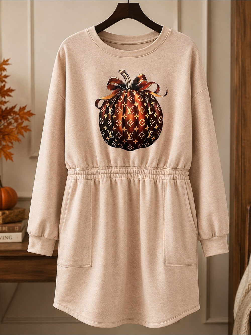 Plus Size Long Sleeve Pumpkin Sweatshirt Dress
